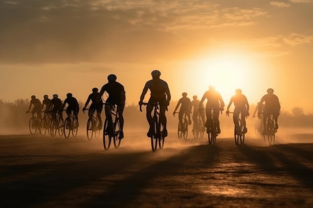 Silhouetten van professionele wielrenners op de weg bij zonsondergang Generatieve AI