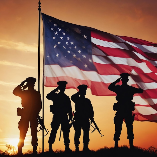 Foto silhouetten van soldaten die de amerikaanse vlag groeten