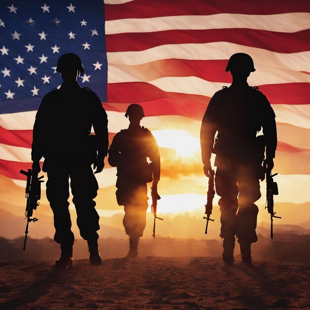 Silhouetten van soldaten die de Amerikaanse vlag groeten