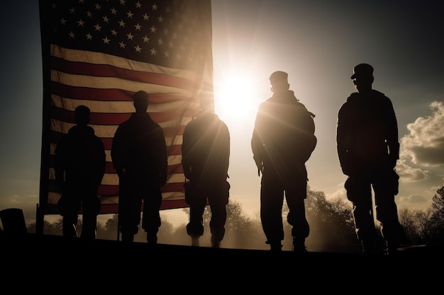 Silhouetten van soldaten die voor een vlag staan