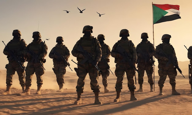 Silhouetten van soldaten met Palestijnse vlag en vliegende vogels tegen de zonsopgang in de woestijn