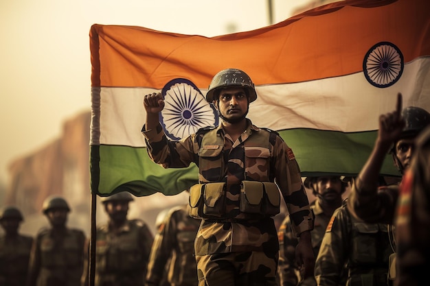Foto silhouetten van soldaten op een achtergrond van de vlag van india en de zonsondergang of de zonsopgang