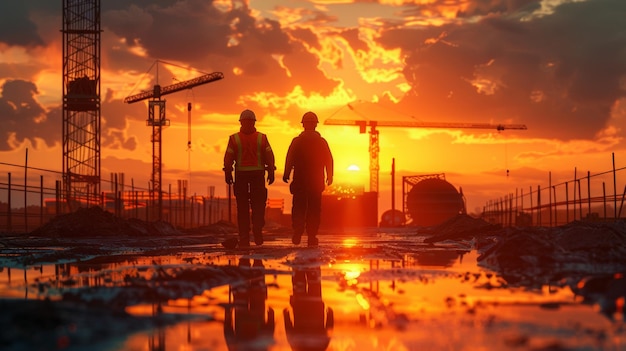 Silhouetten van twee bouwvakkers die tijdens een dramatische zonsondergang op het terrein lopen