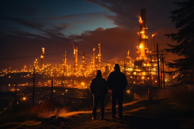 Silhouetten van twee mannen in warme jassen staan buiten. Mensen kijken naar het grote, goed verlichte gebied van een industriële fabriek.