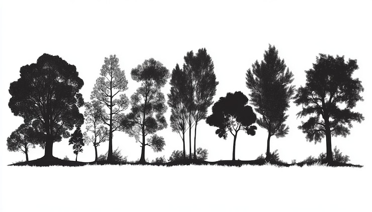 Foto silhouetten van verschillende bomen in een rij