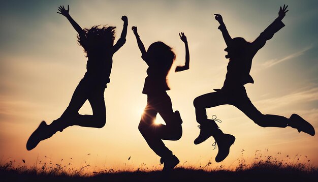 Foto silhouetten van vrouwen die in de zonsondergang springen