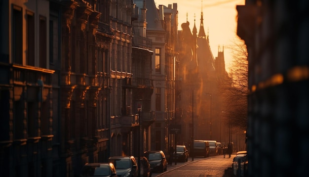 Silhouetten vervagen in de schemering van de oude stad, gegenereerd door ai