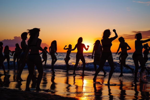 Silhouetten zwaaien in een levendige zonsondergang op een tropisch stranddansfeest dat de vreugde van de zomer belichaamt
