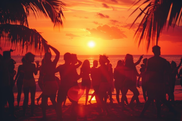 Silhouetten zwaaien in een levendige zonsondergang op een tropisch stranddansfeest dat de vreugde van de zomer belichaamt