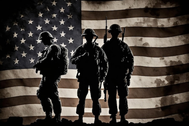 戦没将兵追悼記念日を記念してアメリカ国旗を背景にした陸軍兵士のシルエット AI