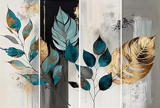 Silhouettes of beautiful plants on canvasGold black blue and gray colors Interior painting Beautiful background Generative AI