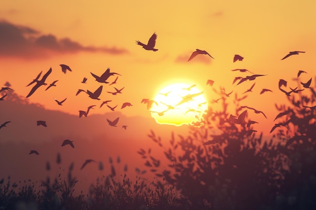 Silhouettes of birds flying at sunset