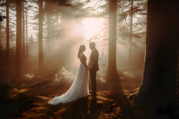 Silhouettes of the bride and groom at sunset in the forest Generative AI