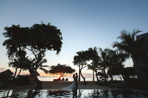 Silhouettes of the bride and groom at sunset. The reflection in the pool