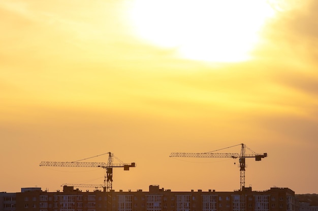 Sagome di gru edili nel cielo serale sullo sfondo dell'edilizia urbana al tramonto