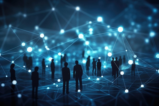 Силуэты деловых людей на абстрактном синем фоне Концепция сети