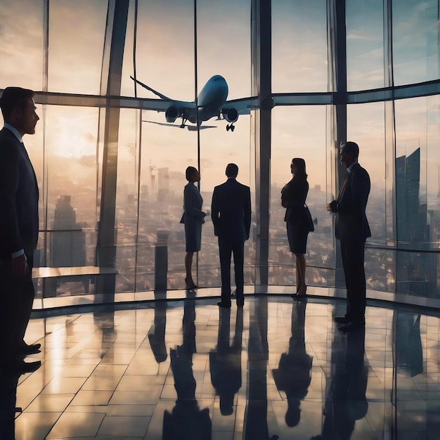 Silhouettes of business people communicating over skyscraper background with plane taking off and do