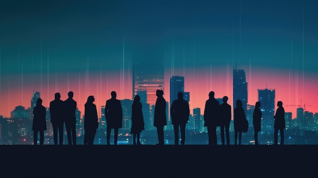 The silhouettes of business people in front of a cityscape at night time Generative AI AIG21