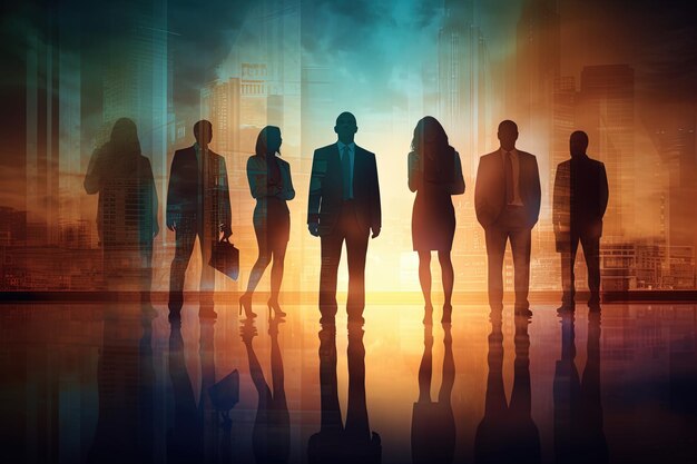 Silhouettes of business people standing in front of the city background