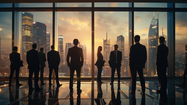 Silhouettes of business people standing in front of a window overlooking a city generative ai