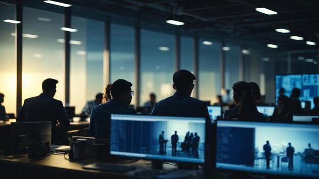 Silhouettes of business people working in modern office