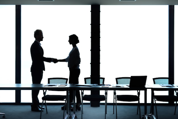 Silhouettes of businessman and businesswoman shaking hands