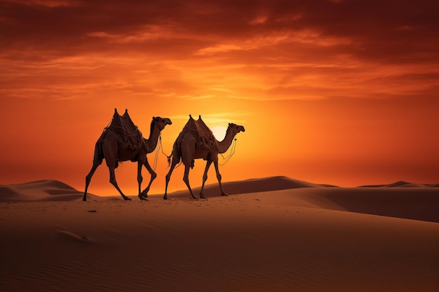 Foto silhouette di cammelli nel deserto del sahara al tramonto