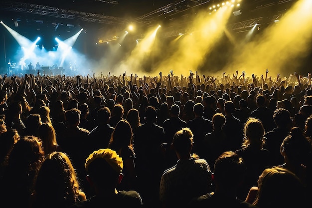 Foto silhouette della folla che acclama il concerto luci gialle luminose sullo sfondo