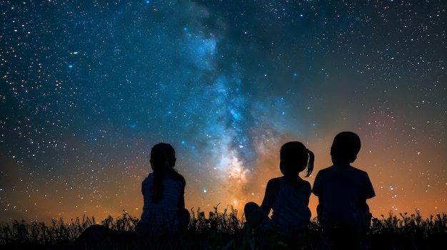 Foto silhouette di bambini che fissano il cielo stellato notturno in un tranquillo paesaggio di prato