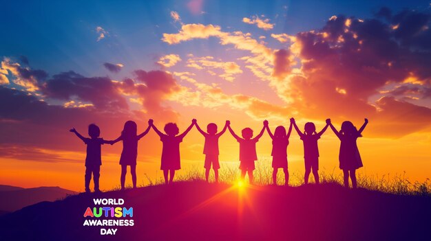 Силуэты детей, держащихся за руки на холме при заходе солнца, отмечающих Всемирный день осведомленности об аутизме
