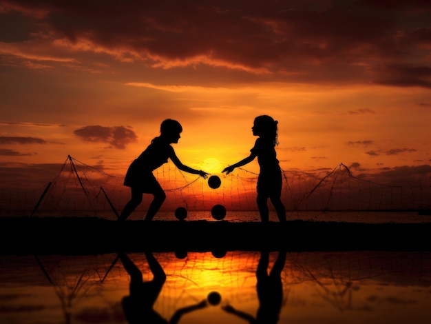 Silhouettes of children playing against the backdrop of the sunset sky