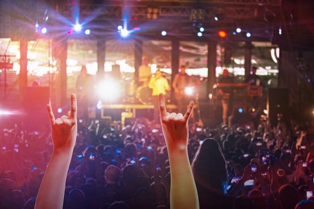 The silhouettes of concert crowd in front of bright stage lights. Concert of an abstract rock band