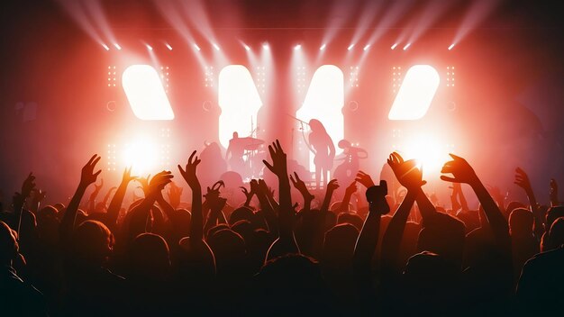 Силуэты концертной толпы перед яркими сценическими огнями концерт абстрактной рок-группы