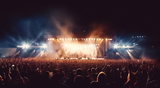 Silhouettes of concert crowd in front of bright stage lights music concert festival crowd atteding