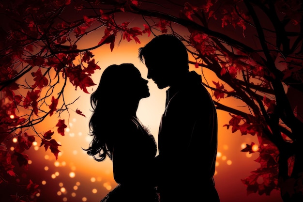 silhouettes of a couple embracing under mistletoe Created with generative AI technology