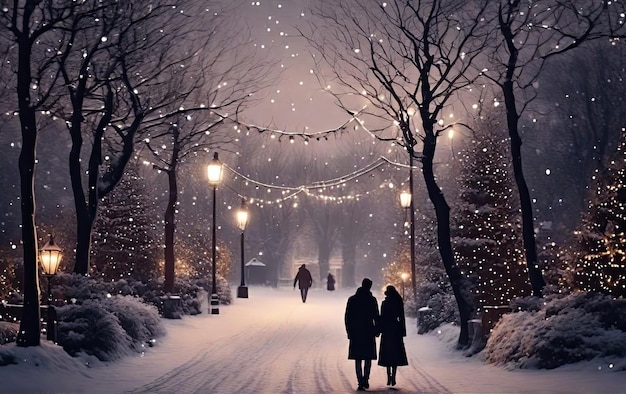 ランタンに照らされた冬の路地を歩く恋するカップルのシルエット
