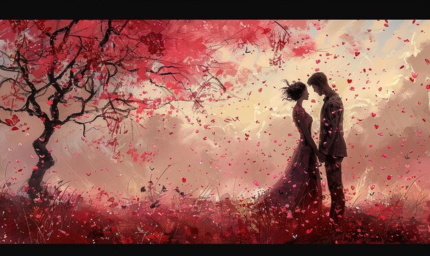 Silhouettes of a couple in a surreal park of pink heart trees and leaves pink sky with white clouds