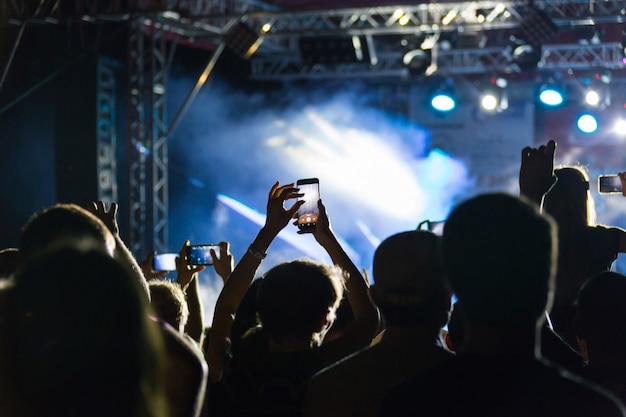 Silhouettes of crowd at concert near stage