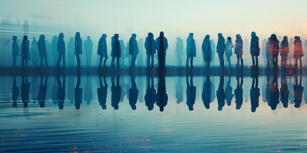 Silhouettes of a Crowd of People Standing on a Reflective Surface