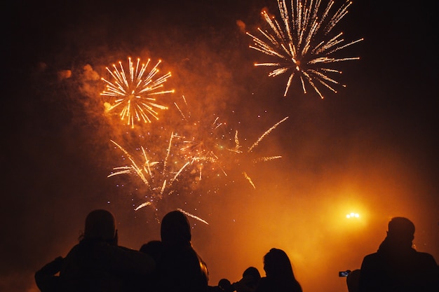 Sagome di folle di persone che guardano i fuochi d'artificio. festeggia le vacanze in piazza. gran divertimento