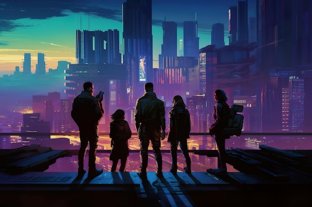 silhouettes of cyberpunk people standing on a cliff