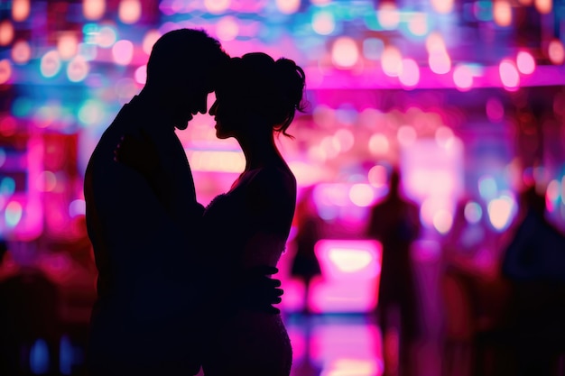 Photo silhouettes of a dancing wedding couple in a restaurant