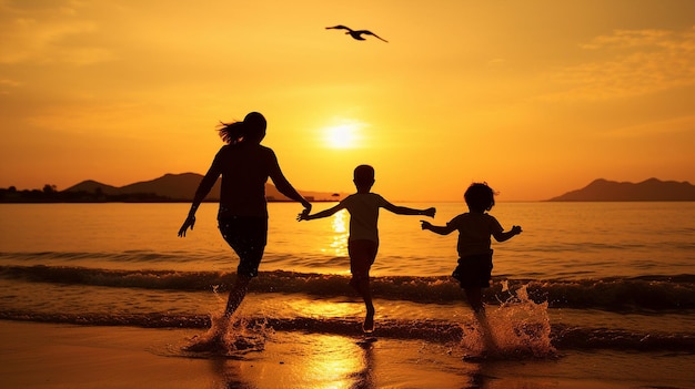 自然の美しさを捉えた、日没時に楽しそうにビーチを走る家族のシルエット