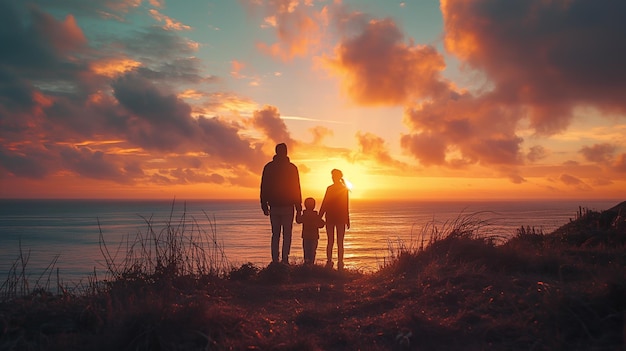 silhouettes of a family standing on a grassy cliff overlooking the ocean at sunset