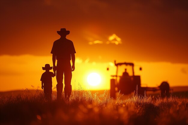 Foto silhouette di un contadino e di un bambino al tramonto con un trattore