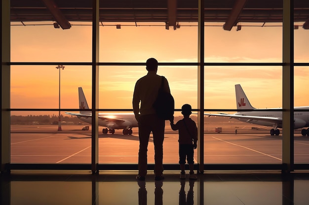 Silhouettes of a father and son standing by an expansive airport window