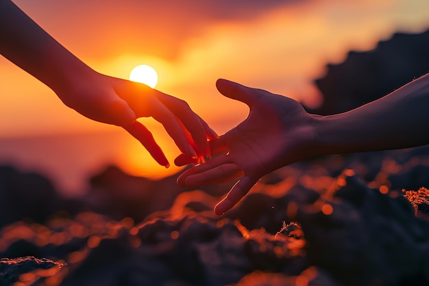Photo silhouettes of female and male hands reaching out against sunset sky created with generative ai tool