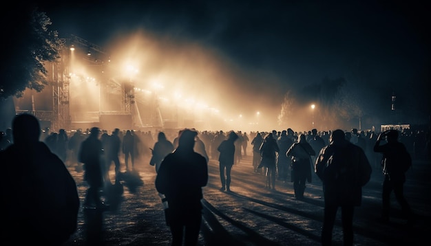 Silhouettes in fog stage lit crowd roars generated by AI