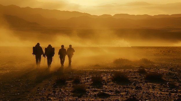 Foto le silhouette di quattro figure che camminano attraverso le ombre polverose del deserto che si estendono a lungo dietro
