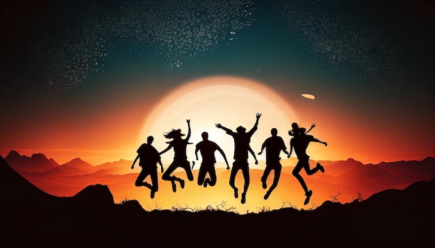 silhouettes of friends jumping happily in a sunset background